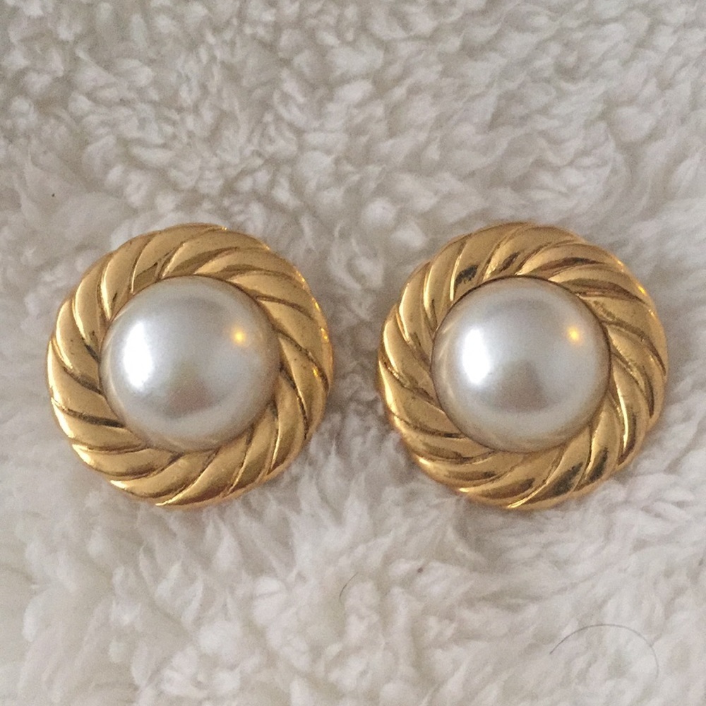 Beautiful Chanel Gold Tone Faux Pearl Earrings